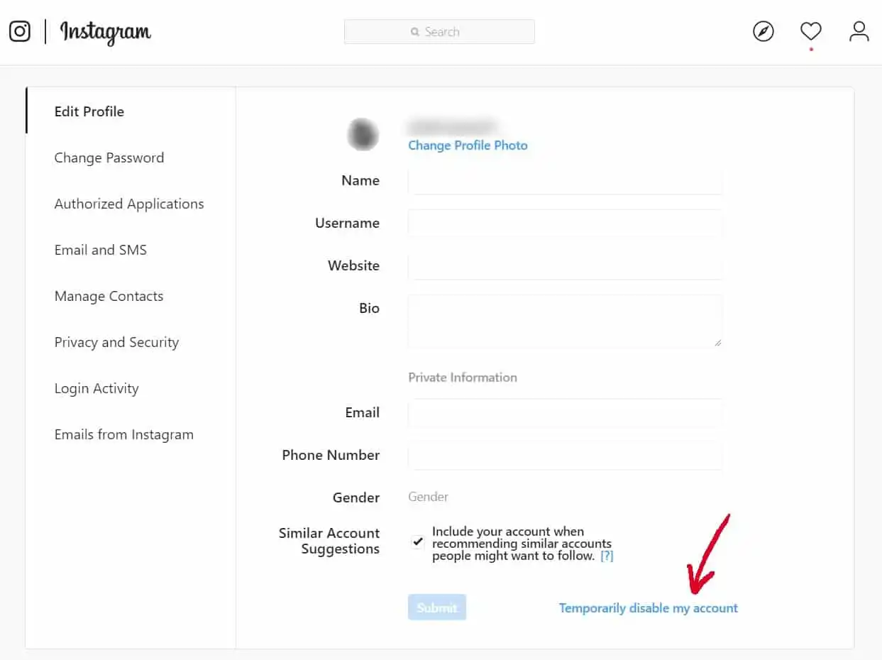 حذف اکانت اینستاگرام temporarily disable my account